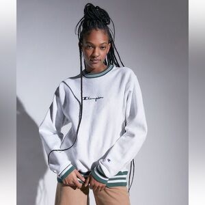 Champion Crewneck Sweatshirt in White with Green Trim